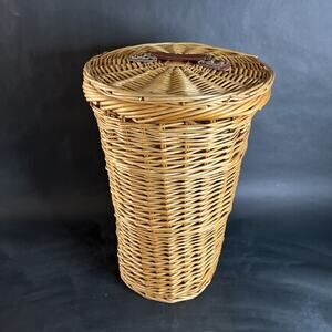 Vintage Tall Tapered Wicker Laundry Basket-Flat Lid-Leather Handle-Multi-Purpose